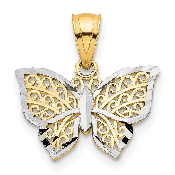 10k Yellow Genuine Gold with Rhodium Butterfly Necklace Charm Pendant - Picture 1 of 3